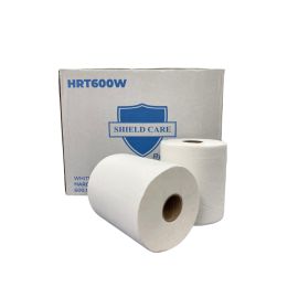 Rolls of white hardwound towels in front of their box.