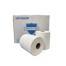 Rolls of white hardwound towels in front of their box.